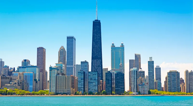 Chicago River with the city skyline in early light